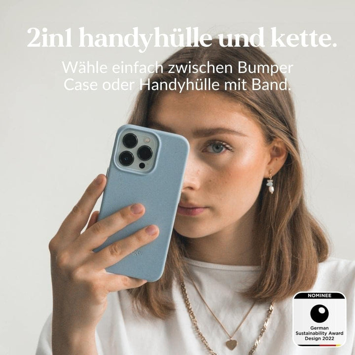 Woodcessories - Nachhaltige Handykette abnehmbar kompatibel mit iPhone 13 Pro Hülle mit Band blau -