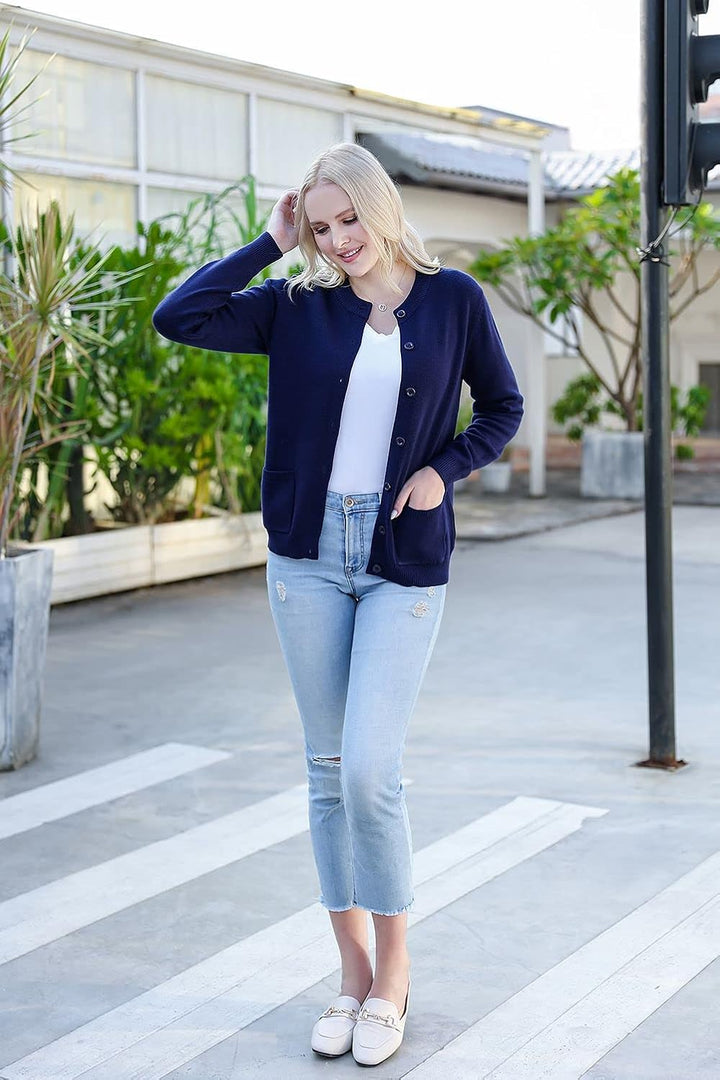 SMILING PINKER Damen Strickjacke Langarm Cardigan Warm Rundhals Strickweste Jacke mit Knopfleiste un