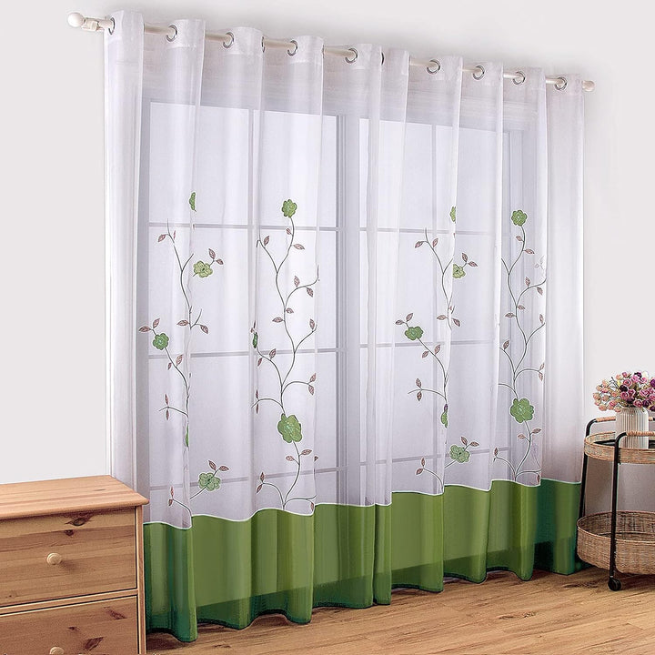 SIMPVALE Voile Curtains Panel Semi Transparent Sheer Window Net Curtains Floral Embroidered Drape wi
