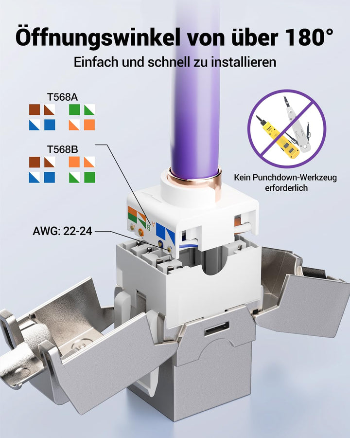 VCELINK 8x CAT7 Keystone RJ45 Modul Buchse, für LAN Kabel 10 Gbit/s bis 600 MHz AWG 22-24 & PoE, Wer
