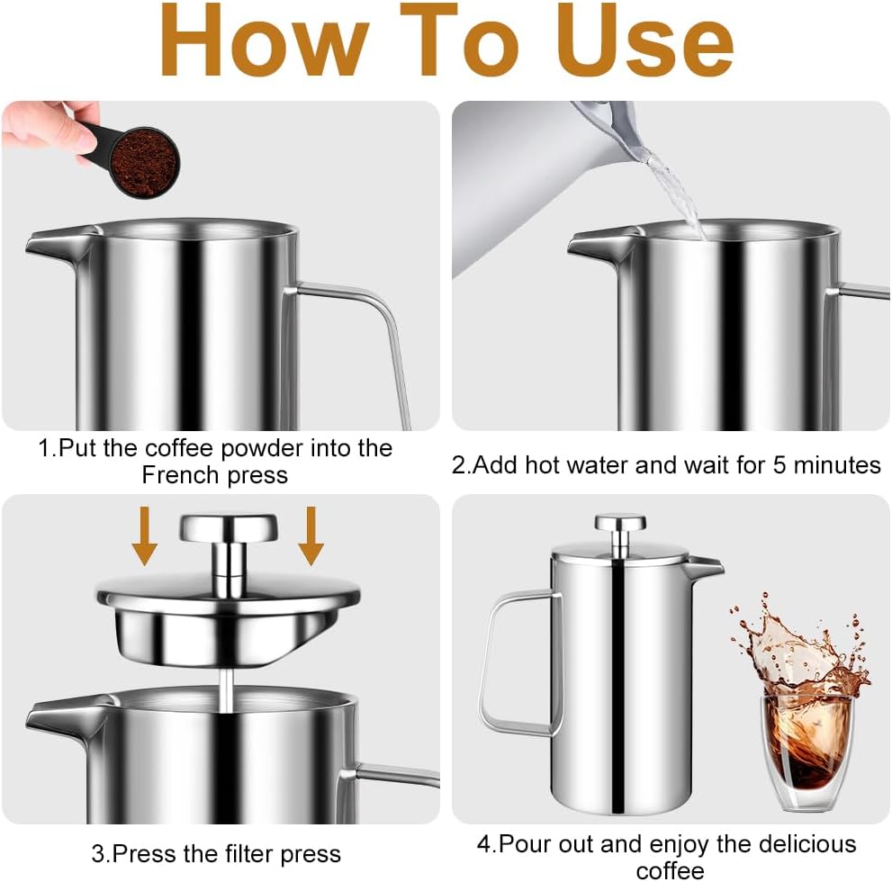 HOTUT French Press Kaffeebereiter, 350 ml Edelstahl Französische Presse mit Löffel, Ersatzfilter, Kl