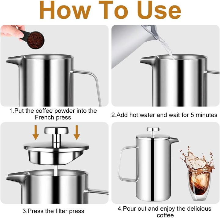 HOTUT French Press Kaffeebereiter, 350 ml Edelstahl Französische Presse mit Löffel, Ersatzfilter, Kl