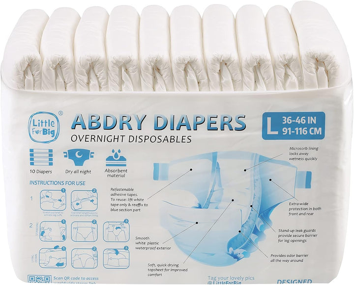 LittleForBig Erwachsenen Windeln 10 Stück-ABDry Weisse Windeln (Large 36"-46") L (10 Stück), L (10 S