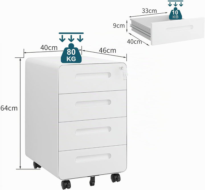 Rollcontainer mit 4 Schubladen, Aktenschrank, Abgerundetes Eckendesign, Abschliessbar, 4 Schlüsseln,