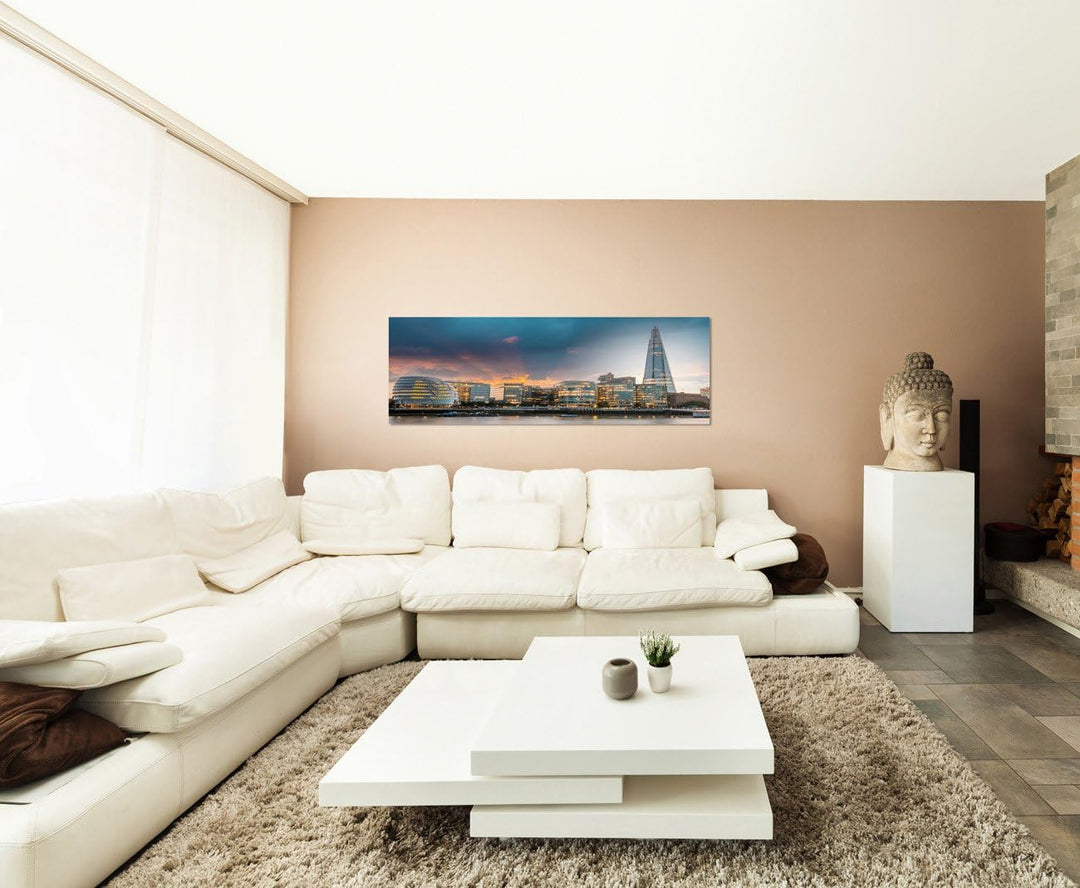 Paul Sinus Art Panoramabild auf Leinwand und Keilrahmen 150x50cm London Skyline Wasser Abenddämmerun