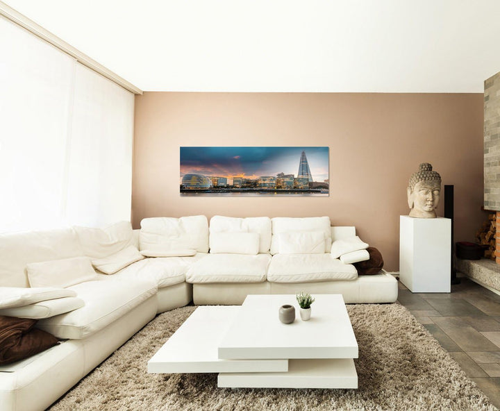 Paul Sinus Art Panoramabild auf Leinwand und Keilrahmen 150x50cm London Skyline Wasser Abenddämmerun