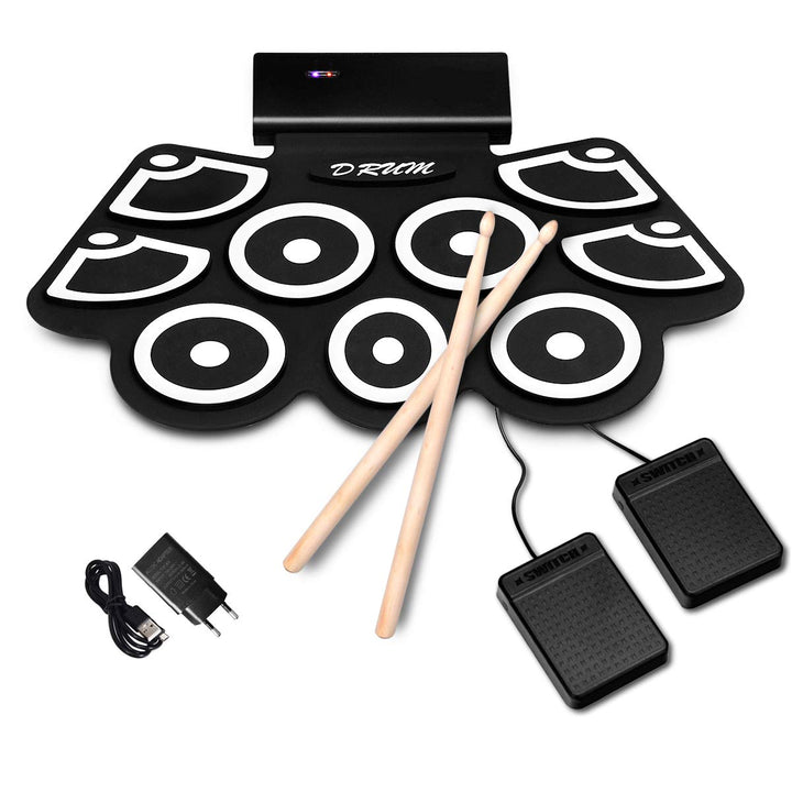COSTWAY 9 Pads E-Drum, elektronisches Schlagzeug Set mit Bluetooth, Roll-Up-Trommel inkl. Pedale und