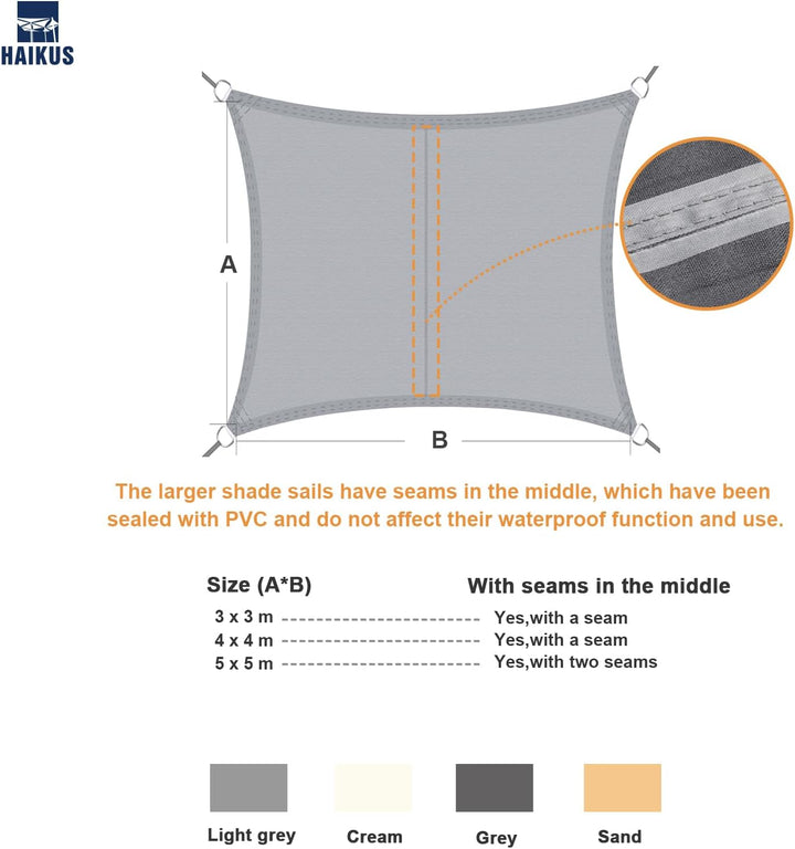 HAIKUS Sonnensegel Wasserdicht Rechteckig 4x4m Sonnenschutz Wasserabweisend Premium PES Polyester mi