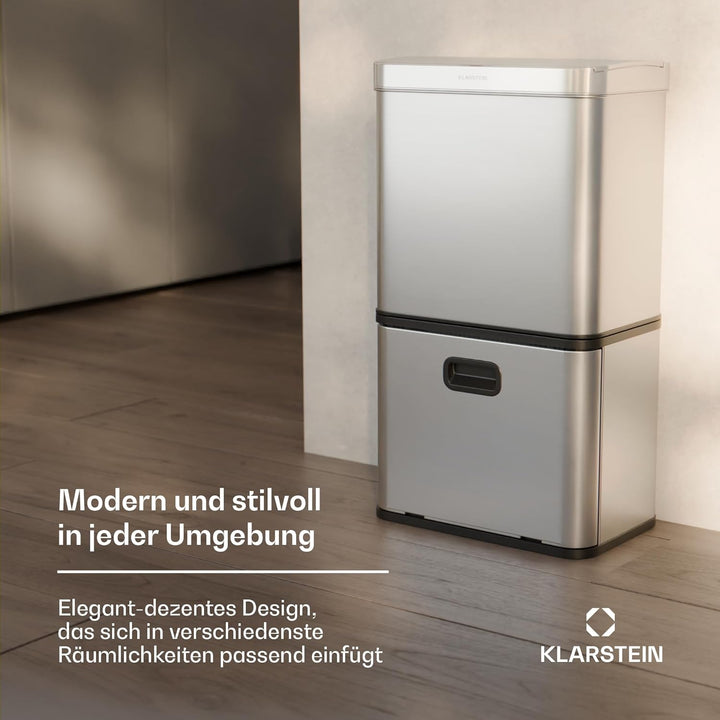 Klarstein 56 L Edelstahl-Sensormülleimer mit 3 Fächern (36+2x10 L), Bedienfeld mit LED-Anzeige, Soft