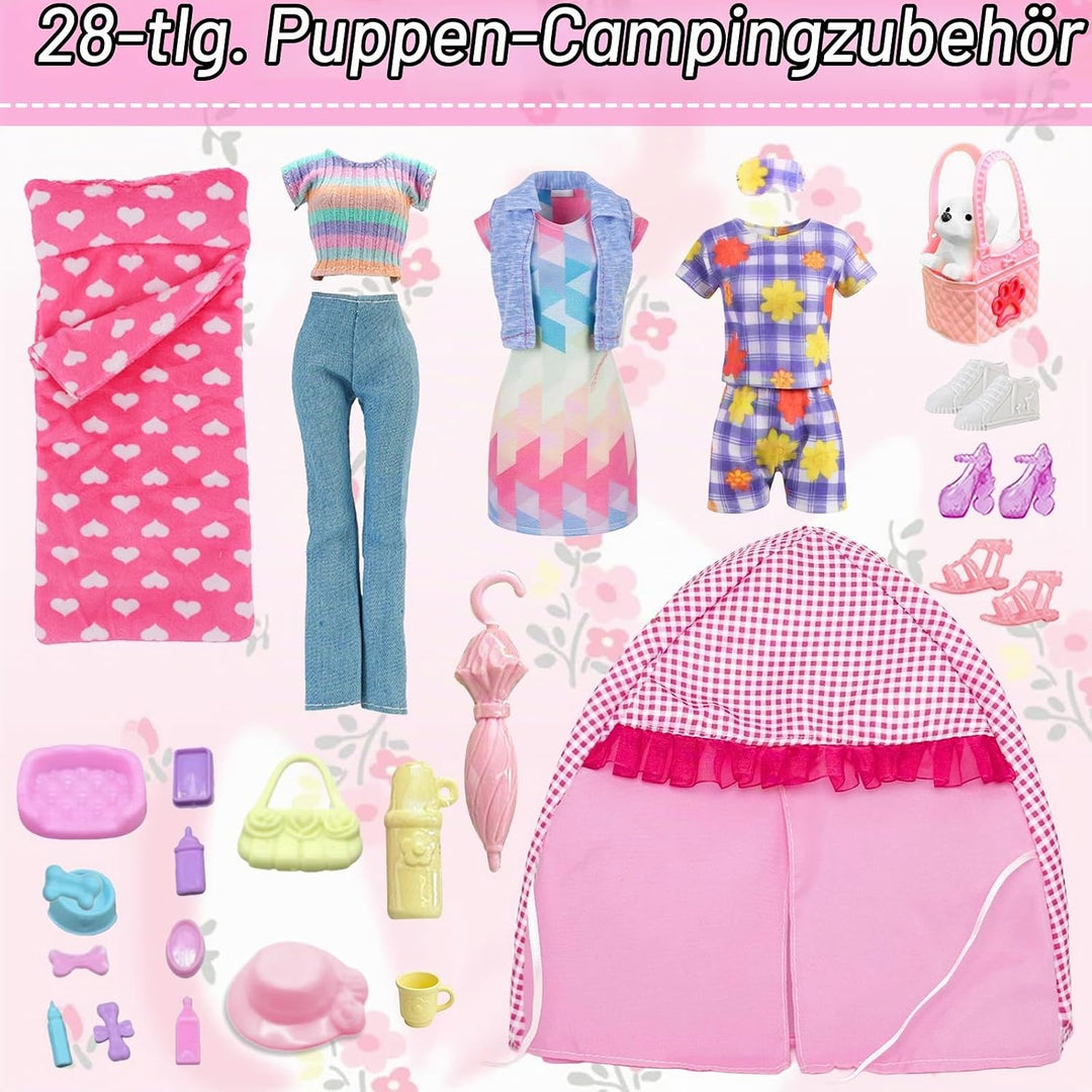 28 Stück PuppenKleidung Camping Sets Kompatibel mit Barbie, 11.5 Inch Puppe Zubehör 1 Puppenzelt 1 P