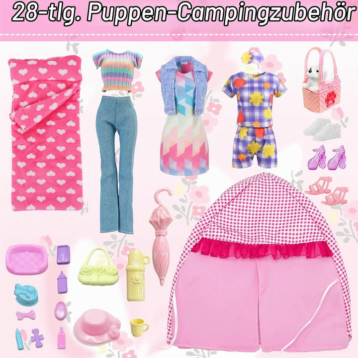 28 Stück PuppenKleidung Camping Sets Kompatibel mit Barbie, 11.5 Inch Puppe Zubehör 1 Puppenzelt 1 P