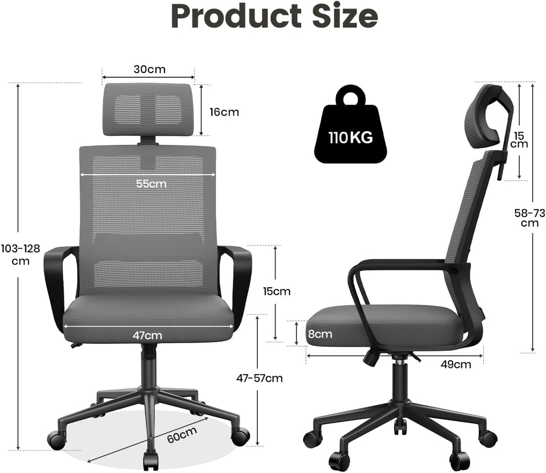 naspaluro Bürostuhl Ergonomisch, Schreibtischstuhl mit Verstellbarer Kopfstütze, Hochklappbaren Arml