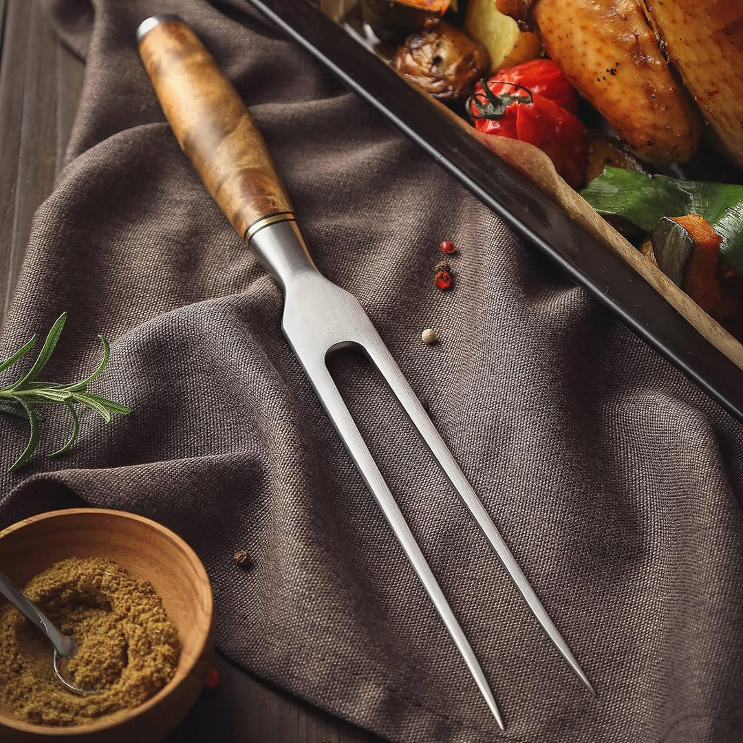 HEZHN Tranchiergabel Fleischgabel Outdoor Grillgabel 430 Edelstahl Figaro Bergahorn Holz Geschenkbox