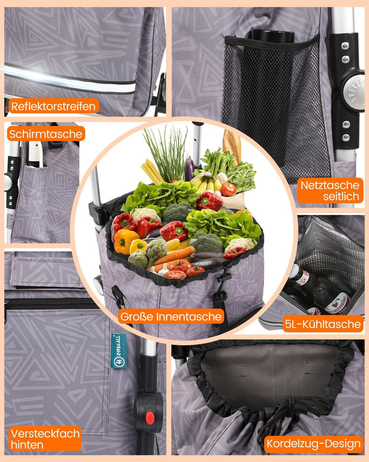 Homecall Einkaufstrolley klappbar Einkaufswagen mit 50L + 5L kühlfunktion Bis 50KG, Einkaufstasche m