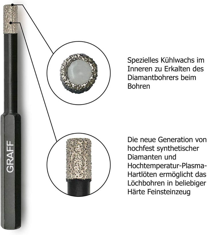 GRAFF Feinsteinzeug Bohrer 6mm für harte Fliesen Glas Кeramik Granit Stein - Diamantbohrer Fliesenbo