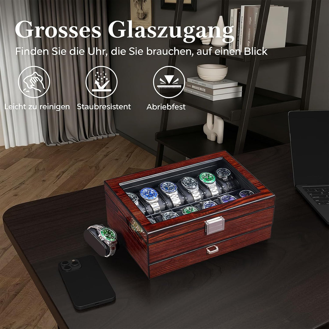 BEWISHOME 12 Uhrenboxen für Herren, luxuriöser Uhren-Organizer mit Schublade, mit ultraglattem PU-Le