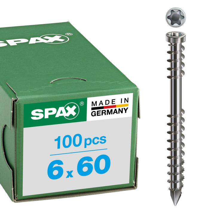 SPAX Terrassenschraube aus Edelstahl rostfrei A4, 6,0 x 60 mm, 100 Stück, T-STAR plus, Zylinderkopf,