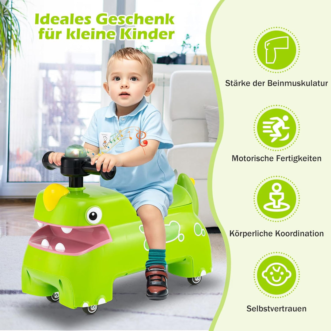 DREAMADE Rutschauto, Dinosaurier Rutschfahrzeug mit Hupe, Musik, Lichtern, Stauraum unter dem Sitz &