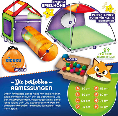 KIDUKU Kinderspielzelt Bällebad Pop Up Spielzelt Iglu Spielhaus + Krabbeltunnel + 200 Bälle + Tasche