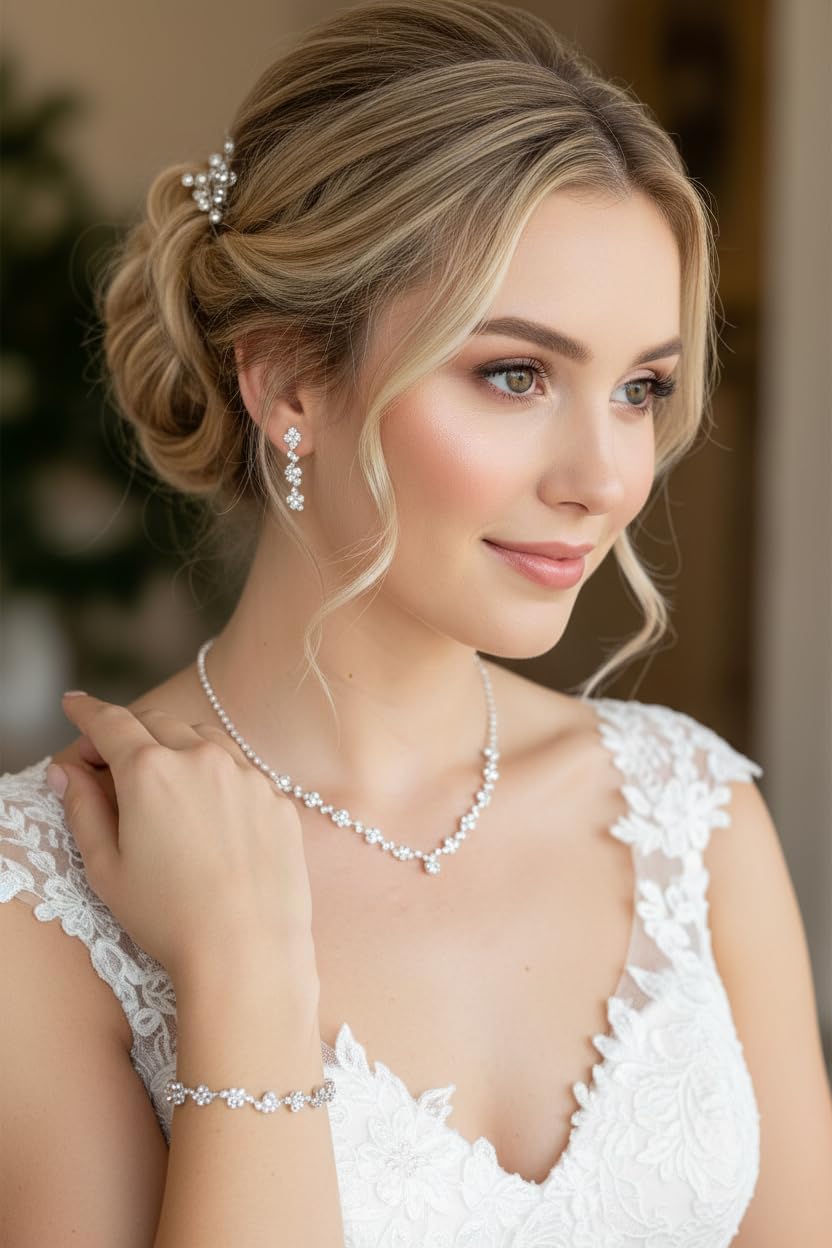 ONDEGO® 3er Set SILBER Strass Schmuck Kette Schmuckset Armband Hochzeit Collier Halskette Brautschmu