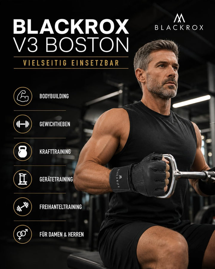 BLACKROX Fitnesshandschuhe echtes Leder Herren &amp; Damen V3 Boston Kraftsport Handgelenkschutz Trainin