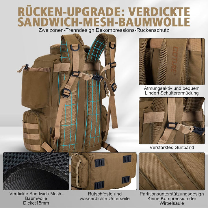 Goture Angelrucksack mit 4 Köderbox Angeln, 45-Liter Angelzubehör-Rucksack mit Zwei Rutenhaltern und