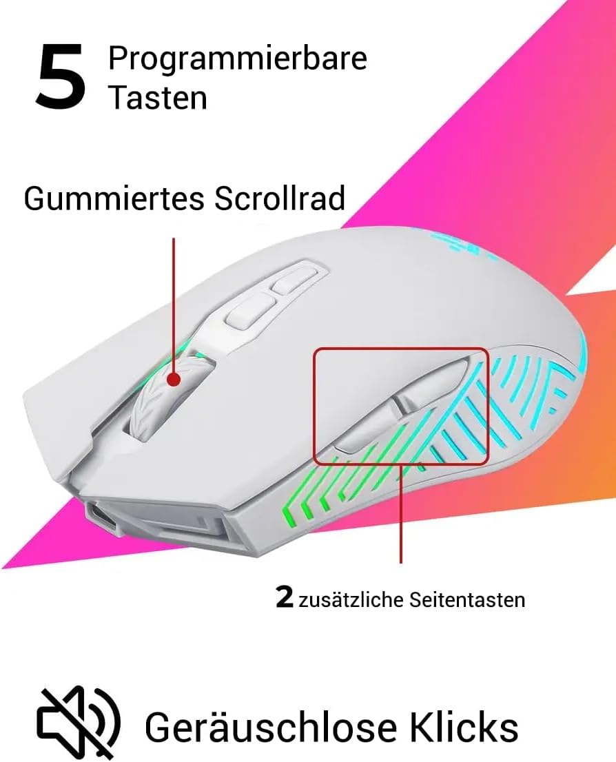 Defender® Pandora Kabellose Gaming Maus - Geräuschlose Klicks - 5 programmierbare Tasten - RGB-Beleu