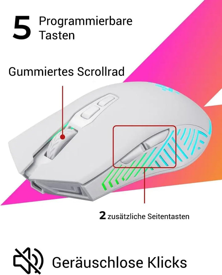 Defender® Pandora Kabellose Gaming Maus - Geräuschlose Klicks - 5 programmierbare Tasten - RGB-Beleu