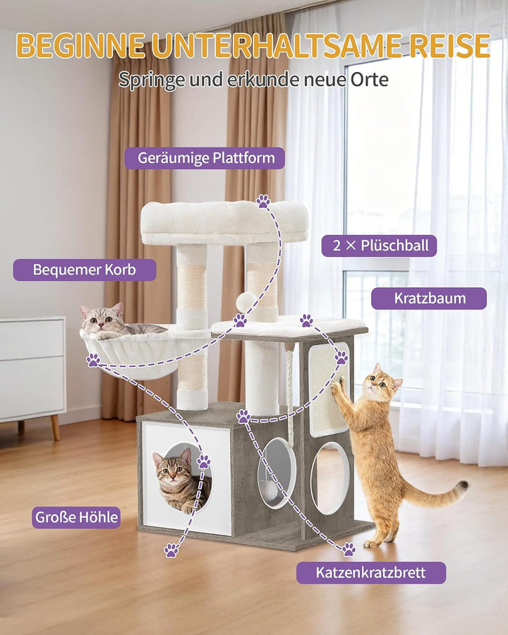 Hzuaneri Katzebaum, Moderner Katzenbaum, 85 cm Hoch, mit 3 Kratzstämmen, Abnehmbarer, Waschbarer Mat