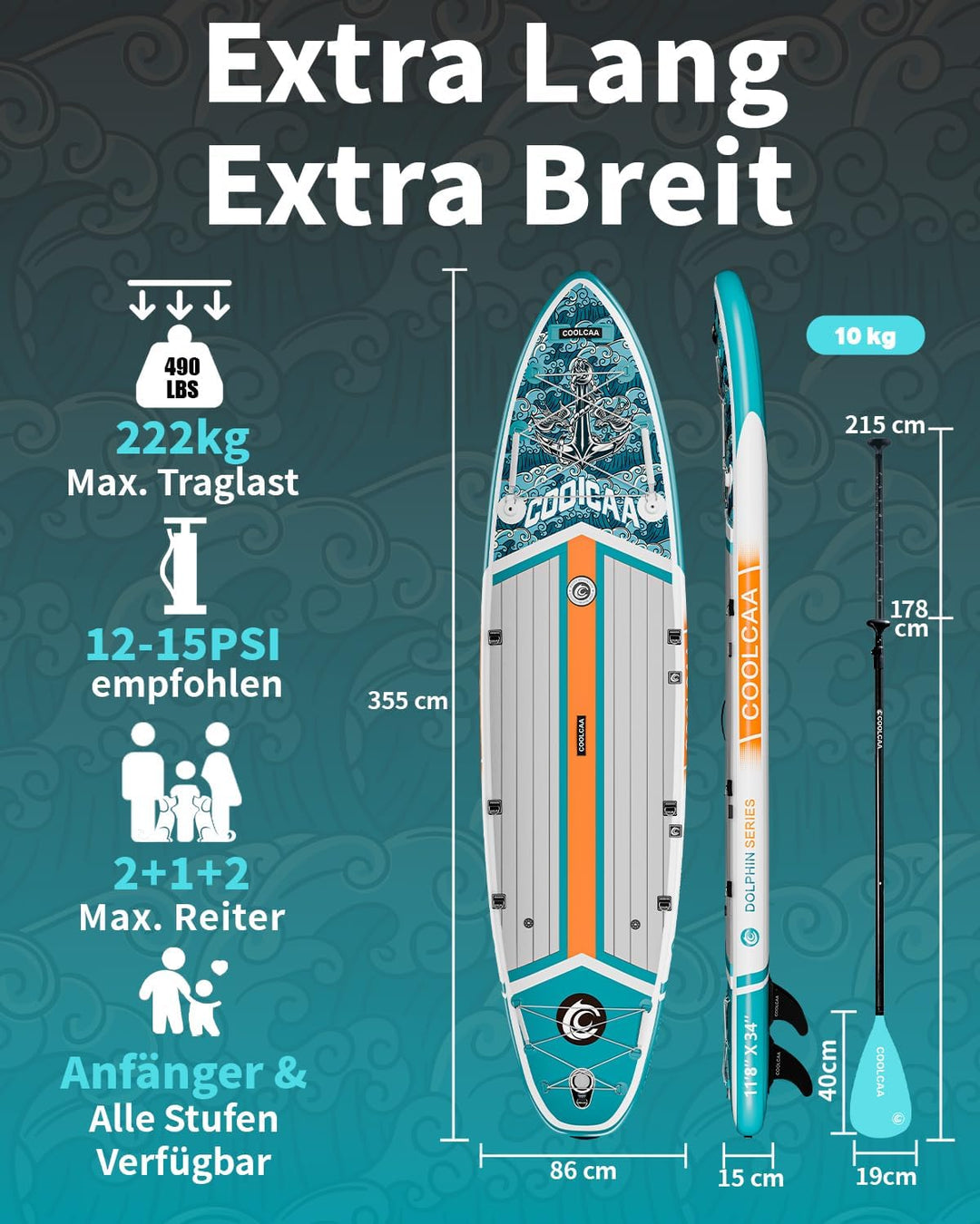 COOLCAA SUP Board, 355cm (Extra Gross) Stand Up Paddling Board, Aufblasbares Stand-Up Paddle Board m