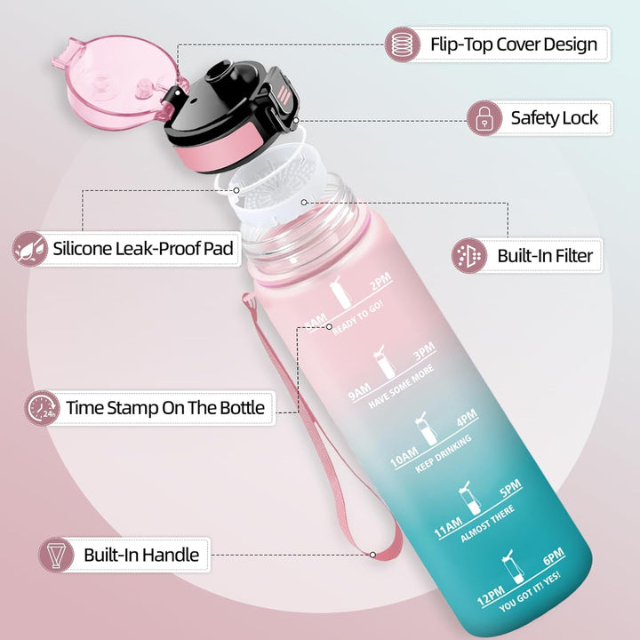 HoneyHolly Trinkflasche 1L, Zeitmarkierung, Wasserflasche, Auslaufsicher, Trinkflasche Sport, Wieder