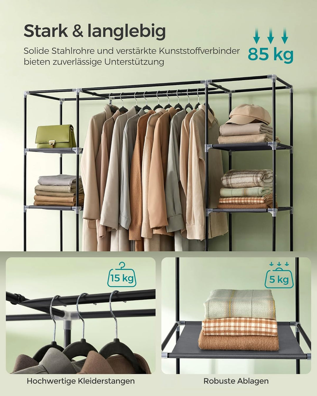SONGMICS Kleiderschrank, Stoffschrank, 12 mit Kleiderstange und Ablagen, Stabiler Schrank, für Schla