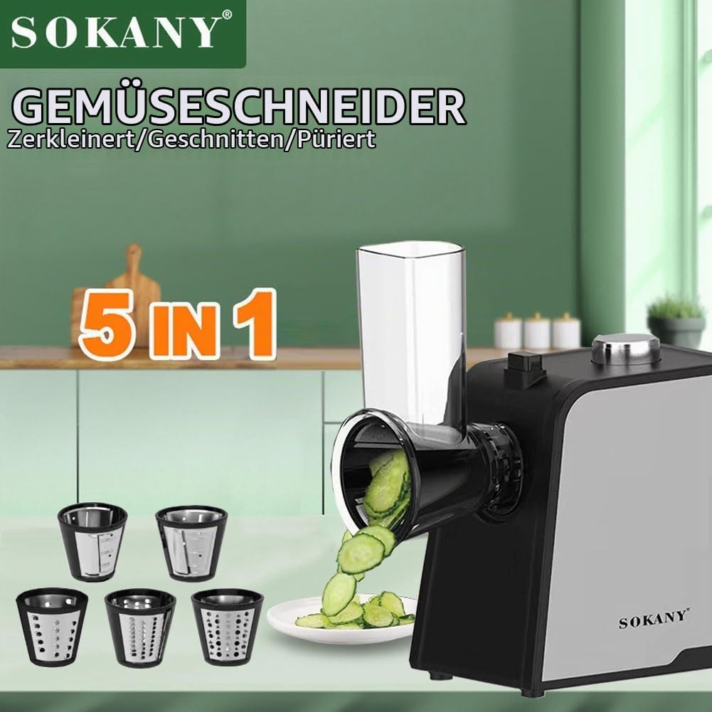 SOKANY 1000W Gemüseschneider, 5 in 1 Elektrischer Gemüsehobel, Schnitzelwerk Mit 5 Kegel-Klingen, Kä