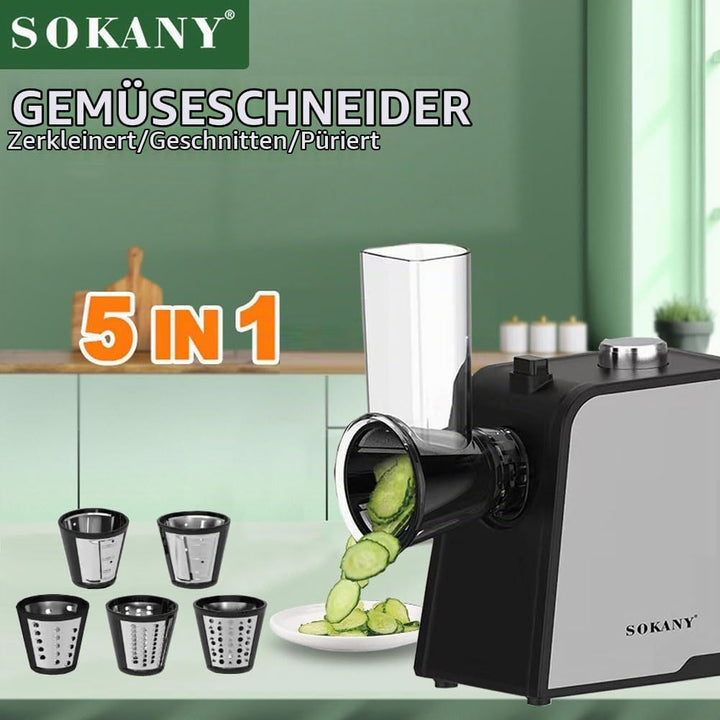 SOKANY 1000W Gemüseschneider, 5 in 1 Elektrischer Gemüsehobel, Schnitzelwerk Mit 5 Kegel-Klingen, Kä