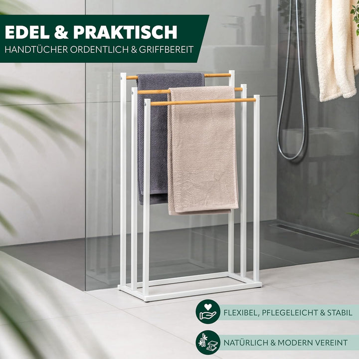 eluno Stand-Handtuchhalter freistehend, 3 Stangen, Handtuchständer, Bambus (weiss), Weiss