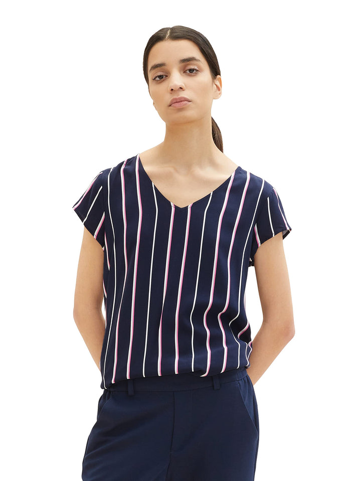 TOM TAILOR Damen Basic Bluse mit V-Ausschnitt 32 32700 - Navy Blouse Stripe, 32 32700 - Navy Blouse