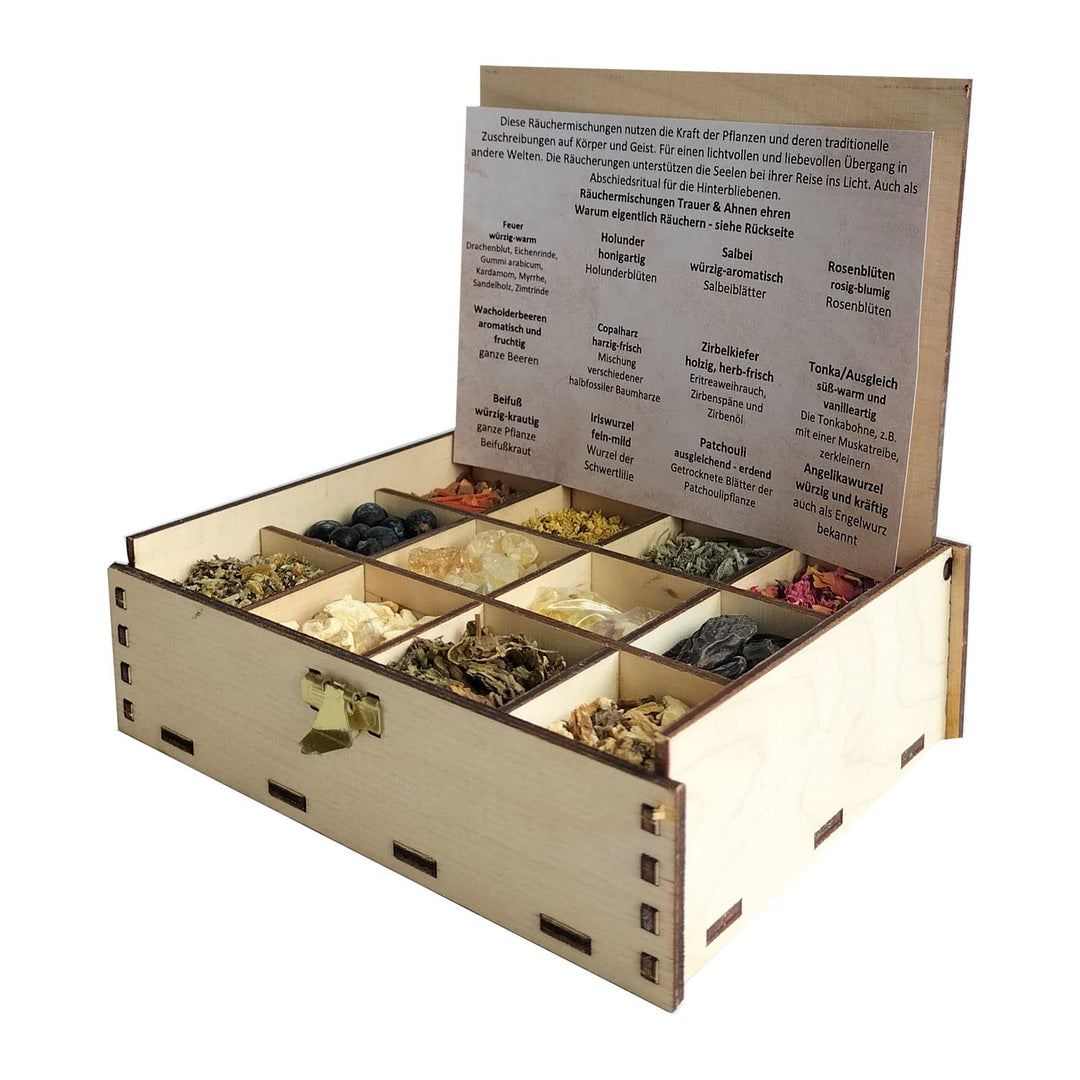 Heilkräuter Manufaktur Räucherbox Geschenkbox mit 12 Sorten Räuchermischungen Trauer & Ahnen Ehren,
