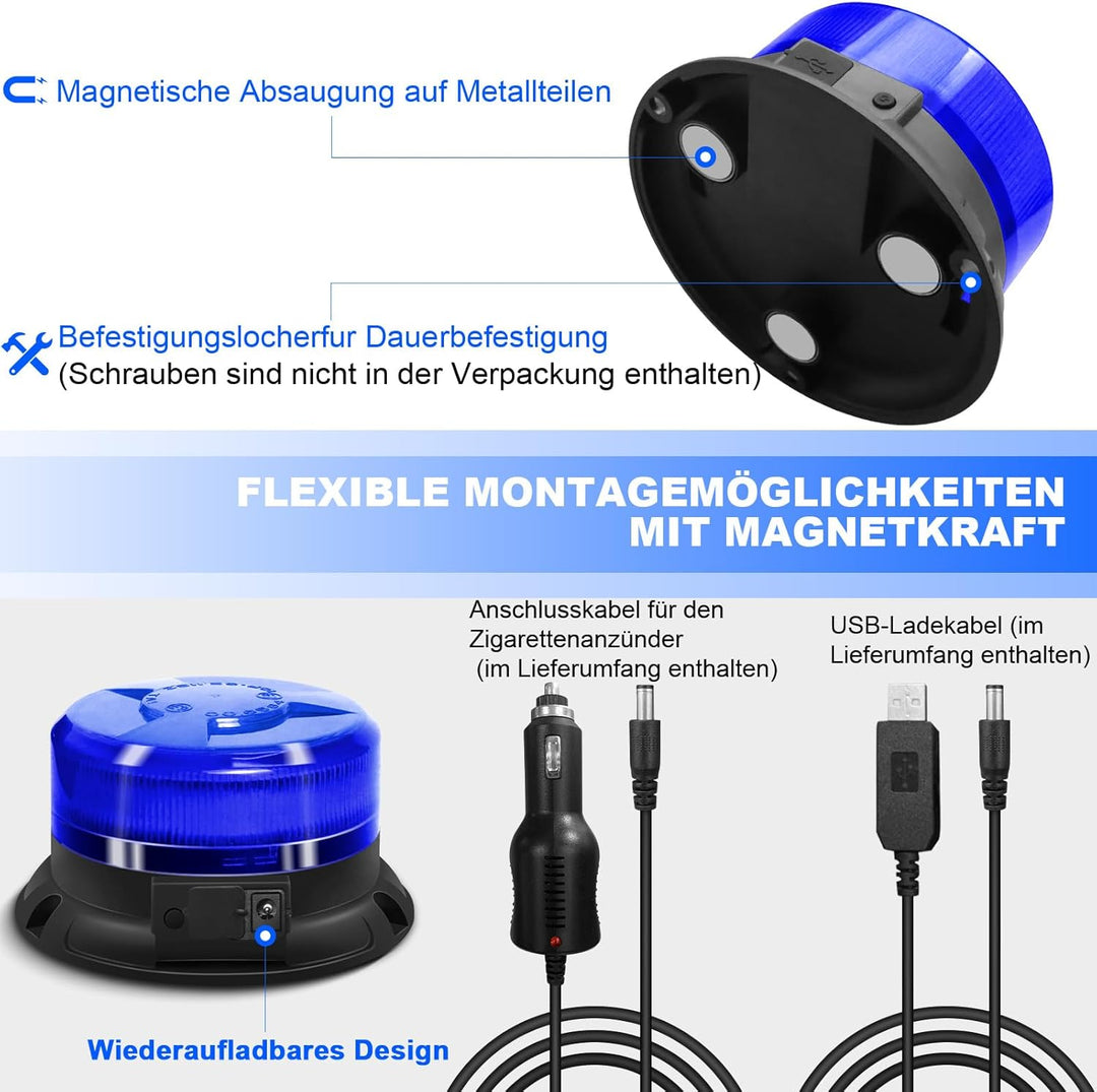 AnTom blaulicht akku rundumleuchte led 9 Blitzmuster 12V 24V Warnleuchte led magnet mit Autoladekabe
