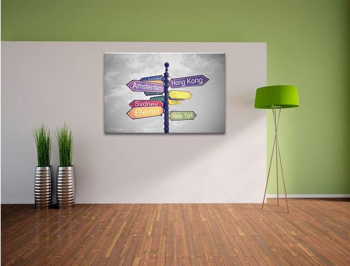 Pixxprint Städte Wegweiser als Leinwandbild/Grösse: 100x70 / Wandbild/Kunstdruck/fertig bespannt, 10