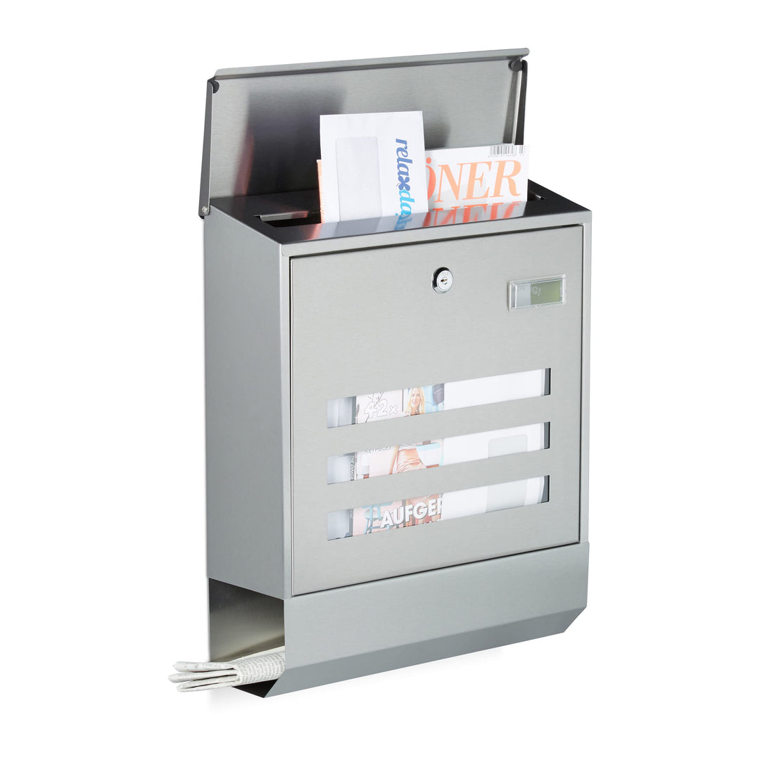 Relaxdays Briefkasten Edelstahl mit Zeitungsfach, Namensschild, HxBxT: 42 x 35 x 12,5 cm, Postkasten