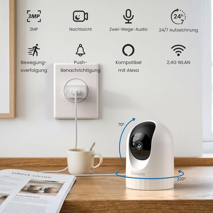 Cinnado Überwachungskamera Innen - 2K 3MP Babyphone mit Kamera, 360 Grad WLAN Indoor Hundekamera mit