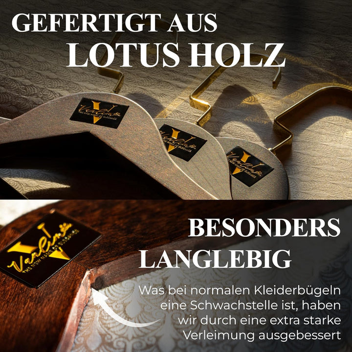 Vanlim Premium Kleiderbügel aus Lotusholz – Extra Stabil, Platzsparend & rutschfest – Elegante Holz-