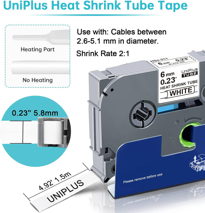 UniPlus 3x Kompatibel 5,8mm Schrumpfschlauch-Etikettenband für Brother HSe-211 HSe211 HSc211 für PT-