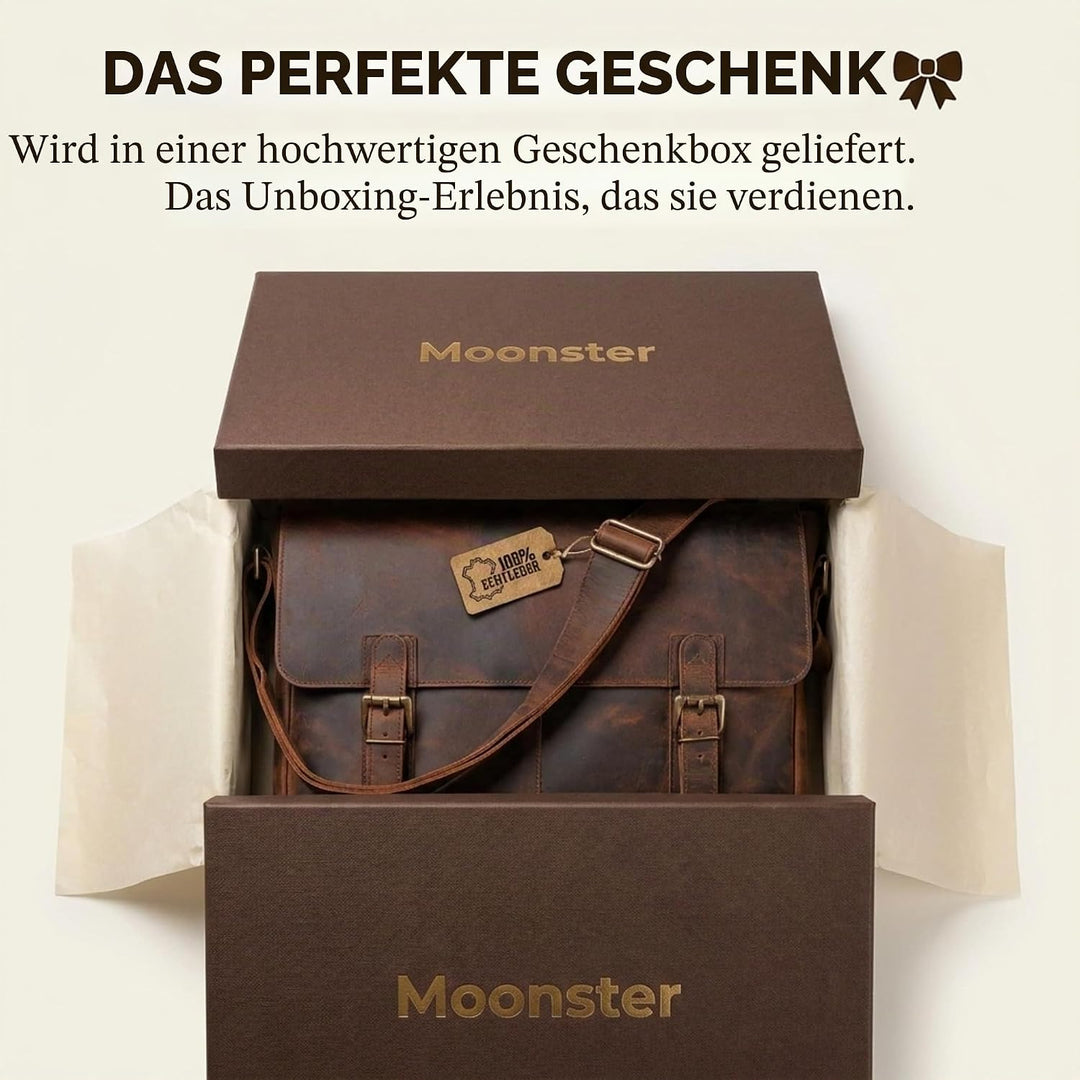 moonster Aktentasche Herren Leder - Handgefertigte Laptoptasche 16 Zoll aus Büffelleder, Messenger B
