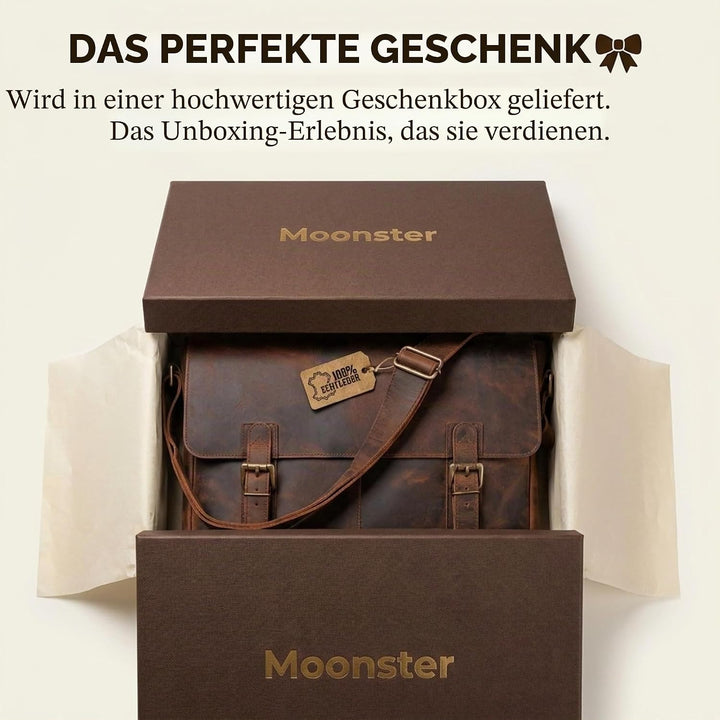 moonster Aktentasche Herren Leder - Handgefertigte Laptoptasche 16 Zoll aus Büffelleder, Messenger B