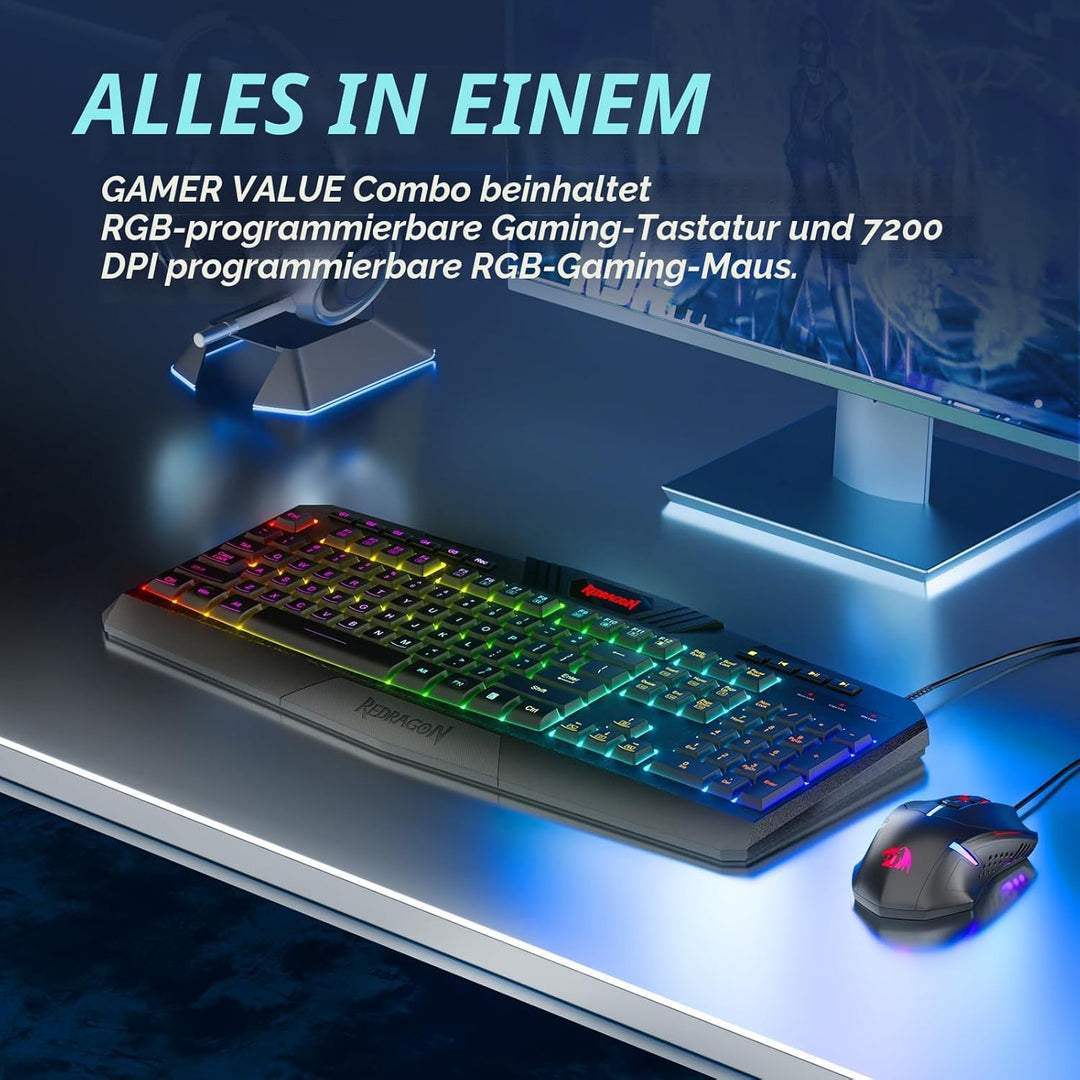 Redragon S101 Gaming Tastatur und Maus Set, QWERTZ DE-Layout, RGB Hintergrundbeleuchtung Beleuchtete