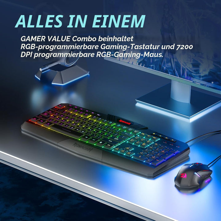 Redragon S101 Gaming Tastatur und Maus Set, QWERTZ DE-Layout, RGB Hintergrundbeleuchtung Beleuchtete