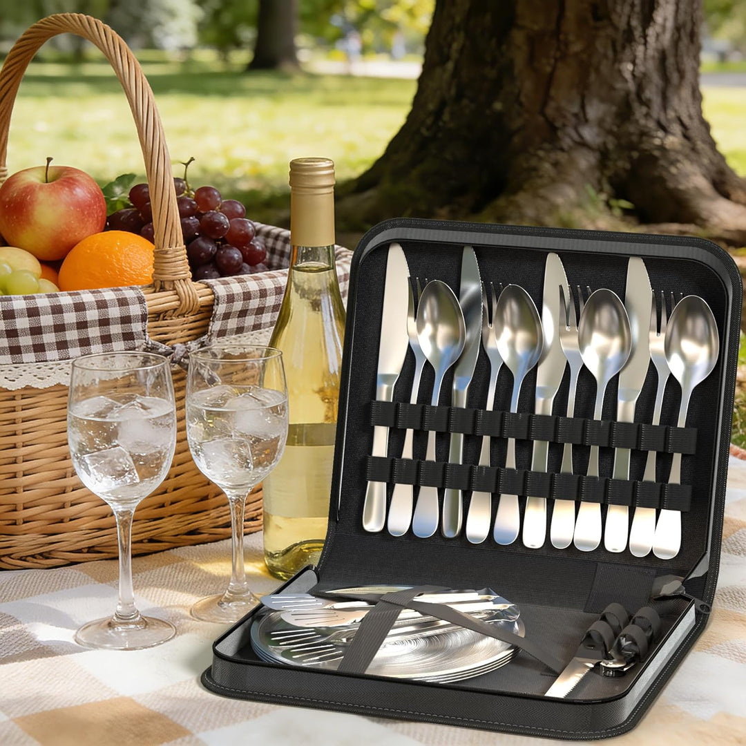 Camping Geschirr 4 Persoen Set, Camping Besteck mit Edelstahl Gabeln, Messer und Löffel, Inklusive B