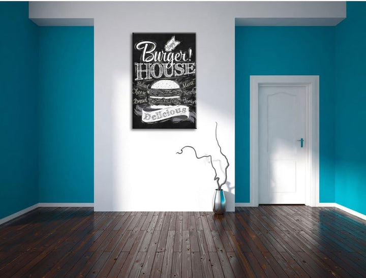 Pixxprint Burger House Pinsel Effekt, Format: 100x70 auf Leinwand, 100x70