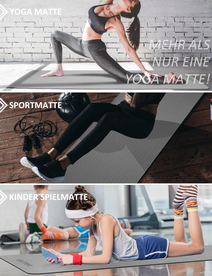 Yogamatte Rutschfest mit Tragegurt, 8mm Dicke Yoga Matte, Pro Sportmatte Fitnessmatte Rutschfest, TP